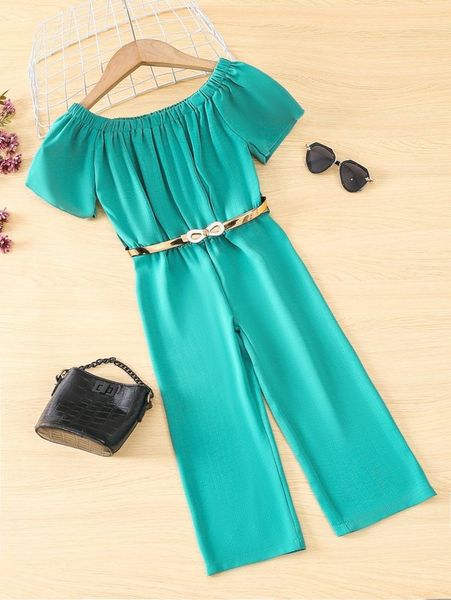 

toddler girls off-shoulder belted jumpsuit she, Blue
