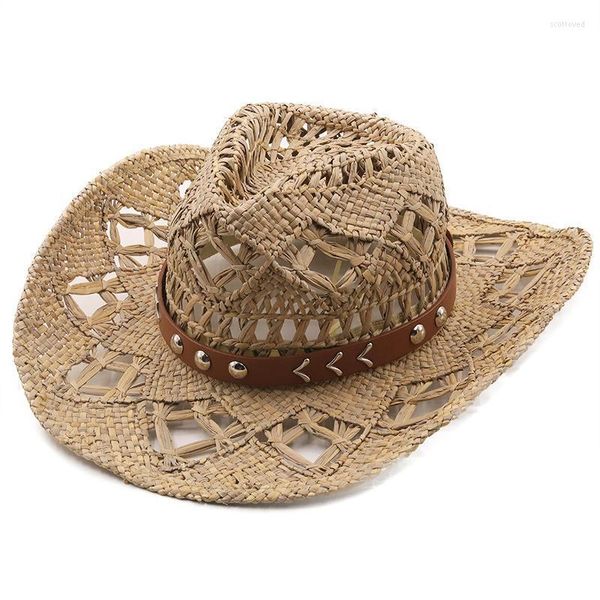 Chapéu de aba larga chapéu de cowboy verão palha feminina feminina feminina para homens cowgirl gem decoração casual boné de praia panamá scot22