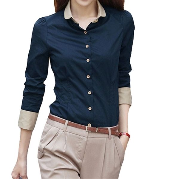 

patchwork long sleeve shirts women blouse autumn lapel office ladies button casual shirt business blouses blue blusas 220419, White