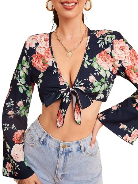 

floral print knot front crop x0j1#, White