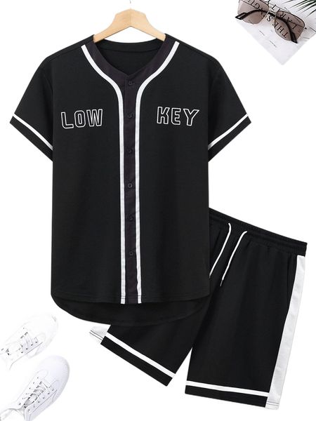 

men letter graphic tape panel tee & drawstring track shorts 955s#, Gray