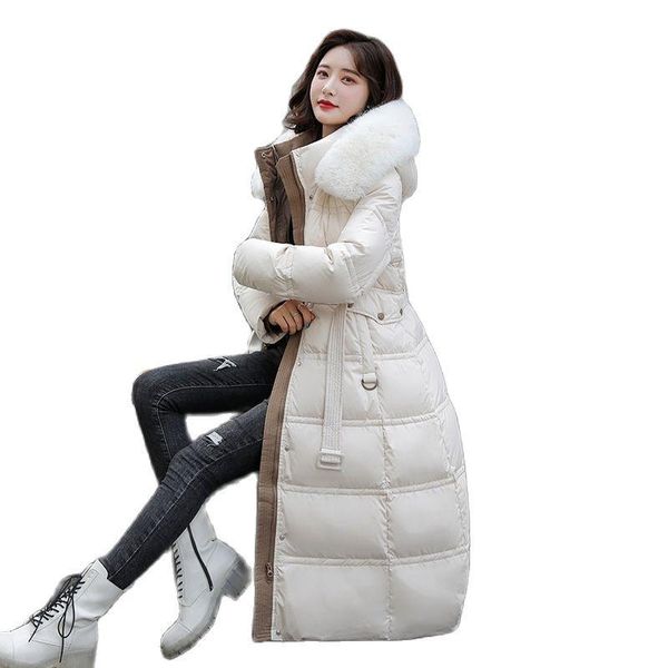 Gabardinas Femininas Femininas de Inverno com Capuz Gola de Pele Sintética Bolso Grande Casaco X-Long com Cinto Jaqueta Puffer da Mãe Algodão Acolchoado Parkas Outwear