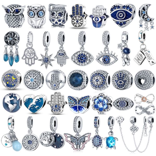 Charms in argento sterling 925 Colore Gufo malocchio Mongolfiera Ciondolo perlina blu Perline originali Fit Bracciale Pandora Creazione di gioielli Regalo fai da te