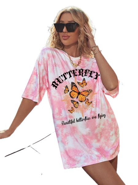 

butterfly & letter graphic tie dye drop shoulder tee m41u#, White