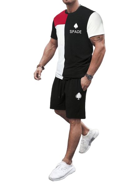 

men letter graphic colorblock tee & drawstring waist shorts x9sx#, Gray