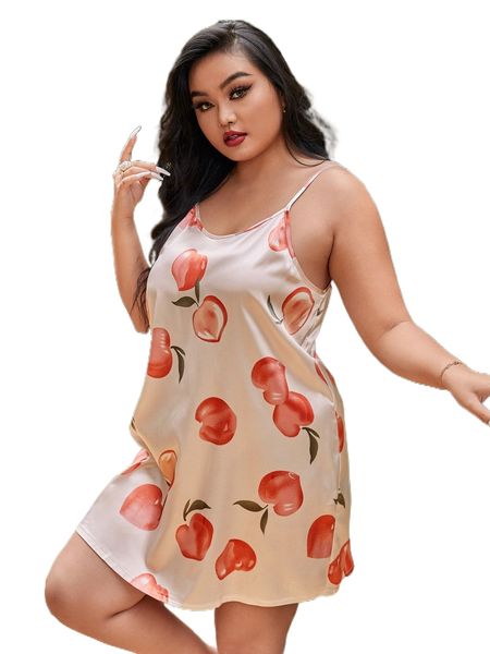 

plus peach print satin cami nightdress q1mt#, Black;white
