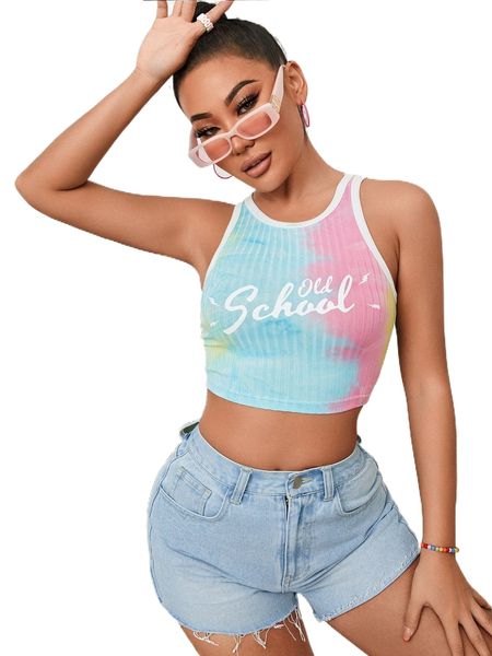 

letter graphic tie dye contrast binding crop tank 010p#, White