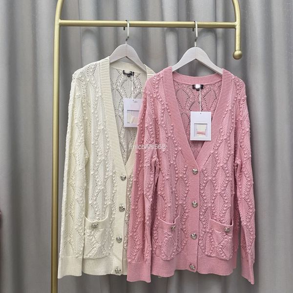 

women's knits & tees xiangjia's v-neck loose cashmere knitted cardigan women's pink diamond lattice hollow sweater coat love, White