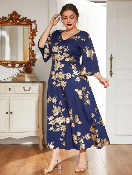 

plus gold floral print a-line dress x1dl#, Black