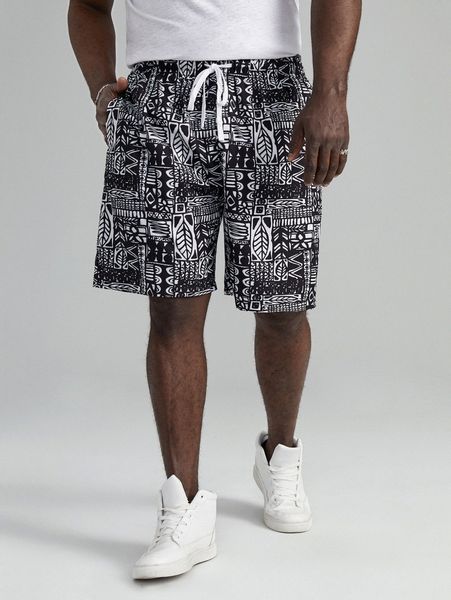 

extended sizes men drawstring waist allover print shorts i32s#, White;black