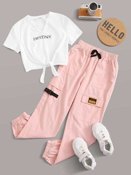 

girls notch neck tie hem tee and patched cargo pants set she, White