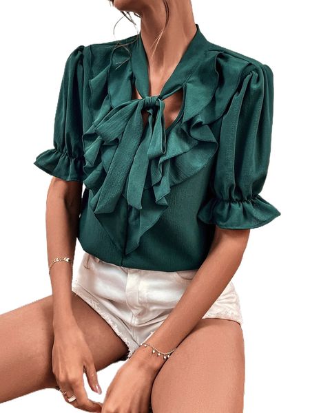 

ruffle trim tie front flounce sleeve blouse 36to#, White