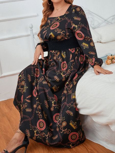 

plus chain & baroque print shirred waist lantern sleeve dress a2br#, Black