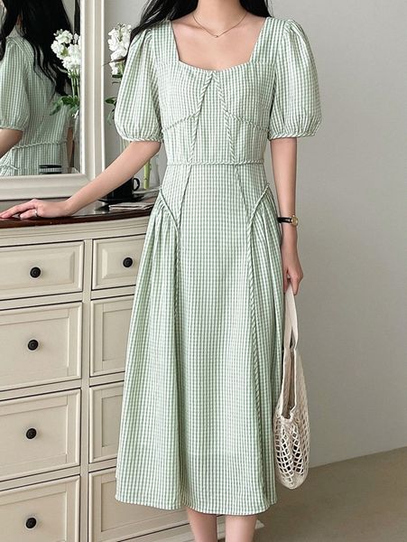 

dazy gingham puff sleeve dress 42gc#, Black;gray