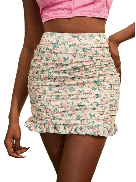 

newness allover floral print ruched ruffle hem skirt g9o4#, Black
