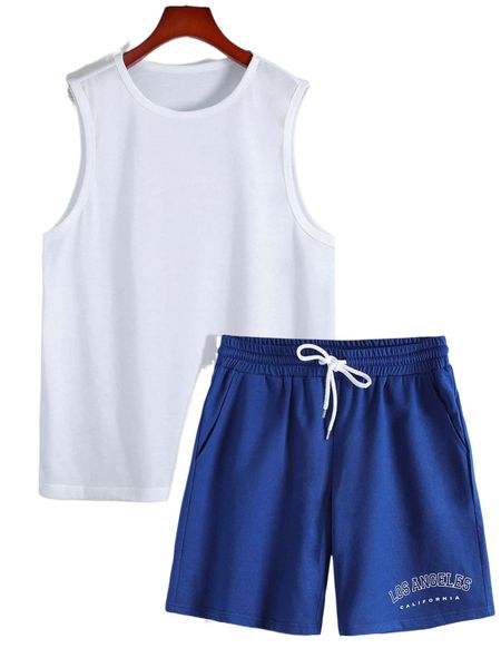 

men tank & letter graphic drawstring waist shorts n2pn#, Gray