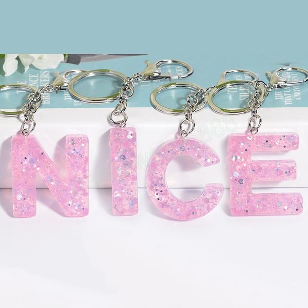 

women keychains 26 alphabet glitter sequins pink words handbag english a-z letters resin bag pendant charms letter keychain, Silver