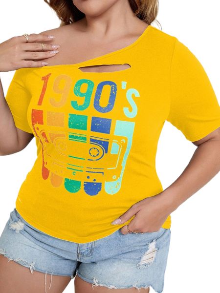 

plus letter graphic asymmetrical neck cut out tee q5x0#, Black