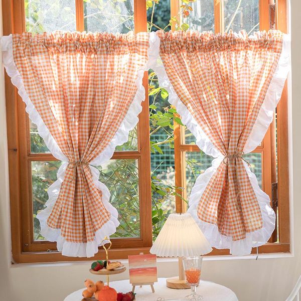 Cortina cortina estilo country laranja check 2 peças para a porta de cozinha cortinas Inglaterra fronteira romântica rideau arte decoratatecurtain