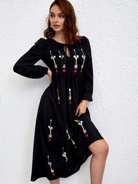 

geo embroidered lantern sleeve tie neck dress t3h4#, Black;gray