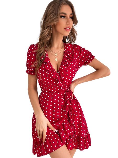

polka dot print belted wrap dress c1ns#, Black;gray