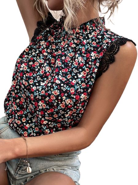 

ditsy floral print guipure lace insert blouse a9az#, White
