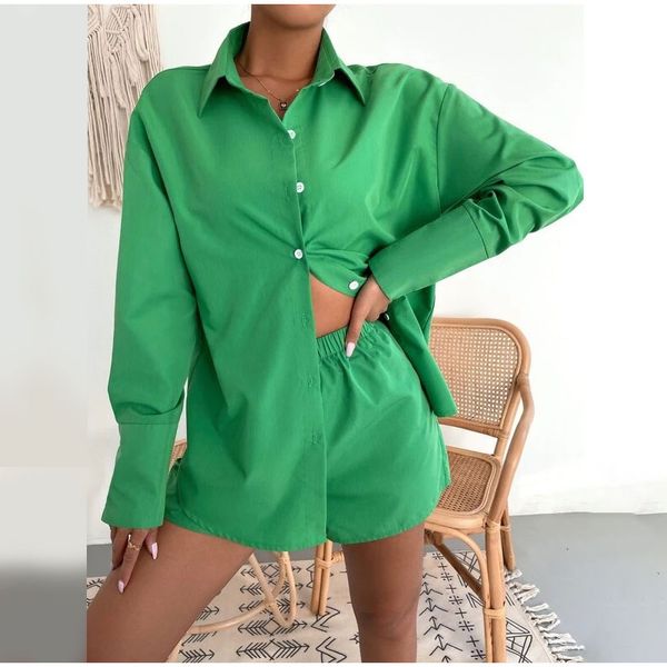 

women's tracksuits solid shorts two piece women suit autumn lapel long sleeve button shirt elastic waist female set casual lady suit, Gray