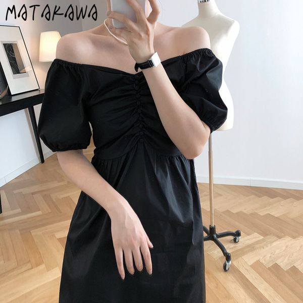 

vintage black woman dress vneck long robe femme summer pleated waist vestidos hepburn style dresses for women 210506, Black;gray