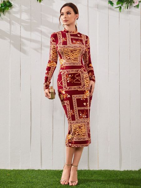 

floral & scarf print mock neck bodycon dress c9ll#, Black;gray