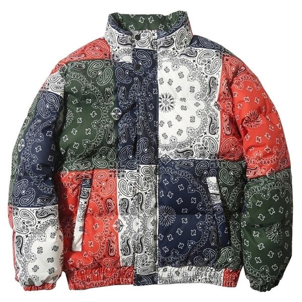 

vintage pattern color block jacket men thick parkas coat warm padded jacket parka harajuku puffer windbreaker streetwear outwear 201209, Black
