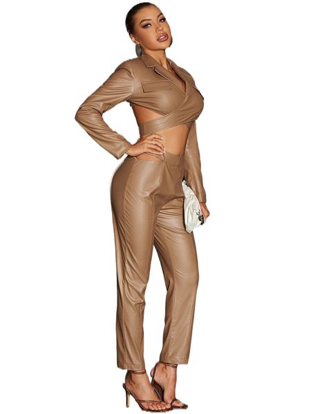 

d& flap detail cut out crop pu leather & pants l1ti#, White