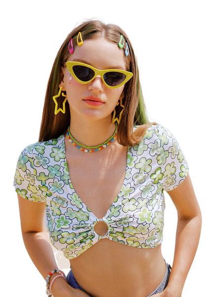 

romwe y2k revival floral print ring decor crop w8pm#, White