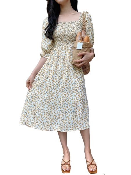 

dazy ditsy floral shirred square neck flounce sleeve dress 5156#, Black;gray