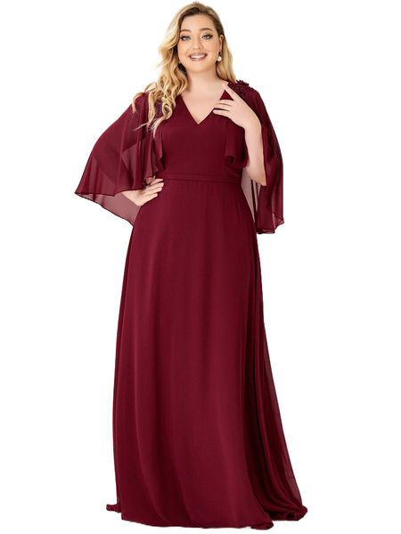 

ever-pretty plus v neck appliques detail ruffle dress 31ul#, Black