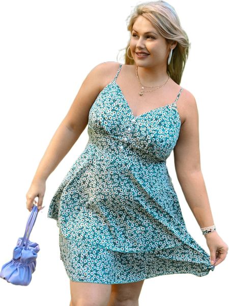 

fairy grunge plus ditsy floral print tie back two layer hem cami dress u0as#, Black