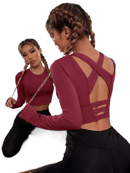 

cut out criss cross back thumb hole crop sports tee e1mp#, Gray