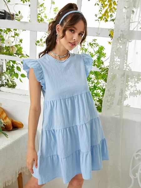

flutter sleeve keyhole back ruffle hem dress h3kt#, Black;gray