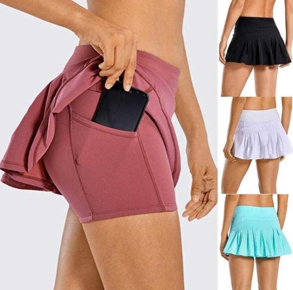 

l-18 tennis skirt biker beach golf sport pleated student yoga outfits running fitness shorts quick-drying double-layer anti-exposure gym, White;red