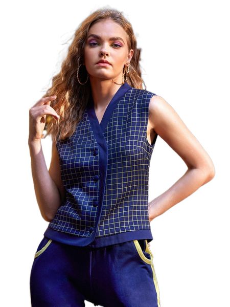 

x elicat grid print button front sleeveless jacket 68kz#, Black;brown