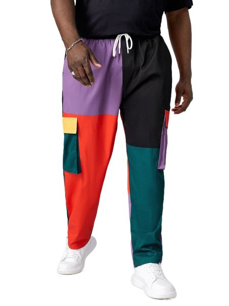 

extended sizes men color block drawstring waist cargo pants e1b0#, Black