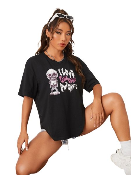 

x lindz slogan & skull print drop shoulder tee 93qp#, White