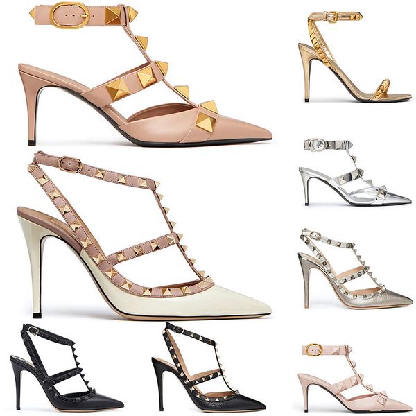 

with box designer womens dress shoes high stiletto heel roman studded lady leather open toe gladiator ankle strap luxury loafers pink weddin, Black