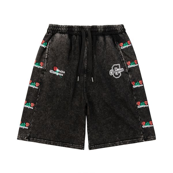 

washed flower letter print drawstring summer shorts for men and women streetwear oversized knee length pants