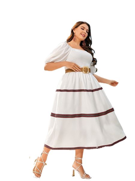 

plus embroidered tape puff sleeve shirred bodice dress without belt 878z#, Black