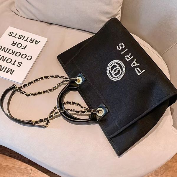 

fashion designers luxury beach bags brand ch women handbags pearl evening bag female canvas portable high-capacity classic trend big handbag, Black;red