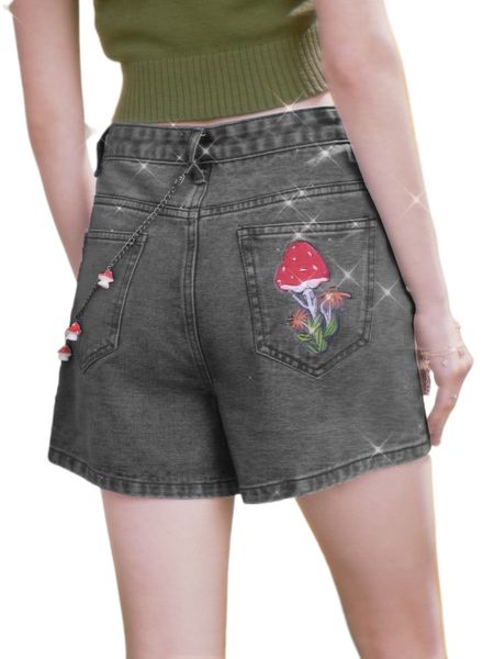 

romwe mushroom embroidery denim shorts o2wr#, White;black