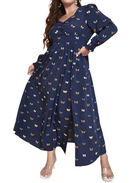 

plus butterfly print sweetheart neck dress o6ta#, Black