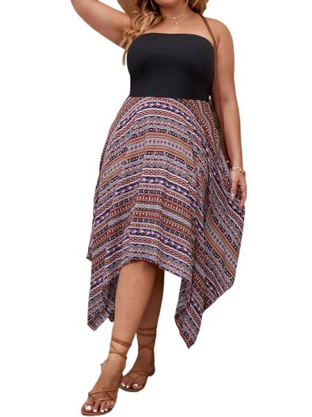 

plus geo print asymmetrical hem tube dress e4za#, Black