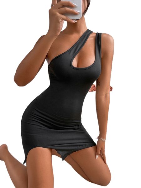

petite cut out one shoulder dress z2dq#, Black;gray