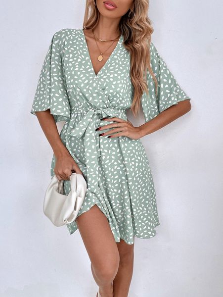 

allover print flounce sleeve belted dress r8fg#, Black;gray